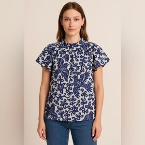 Banjanan Blue Bird & Floral Cotton Blouse Size Small EUC